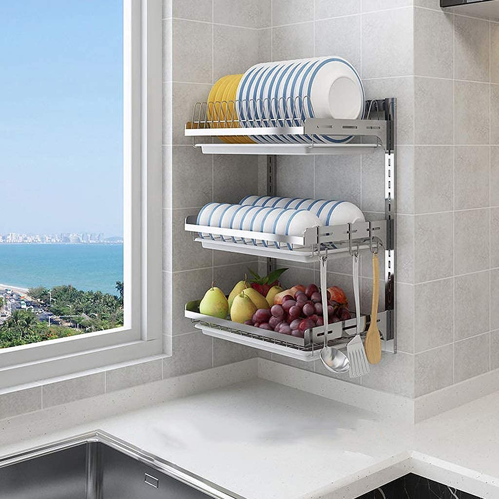 Escurridor de Platos para Fregadero, escurridor de Platos de Pared, escurridor de Acero Inoxidable con Bandeja de Drenaje, escurridor de Almacenamiento(