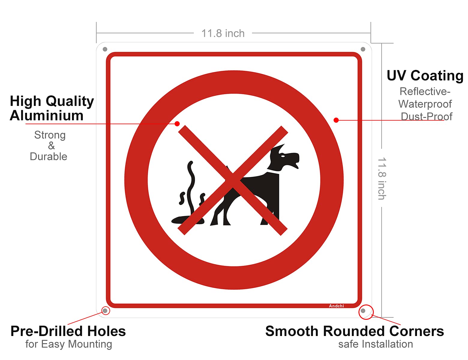 Andchi 2 pezzi cartello feci cane, Segnale di avvertimento per la pulizia dopo il cane, nessun segno di sporcizia, cartello quadrato in metallo alluminio, dimensioni 300x300 mm