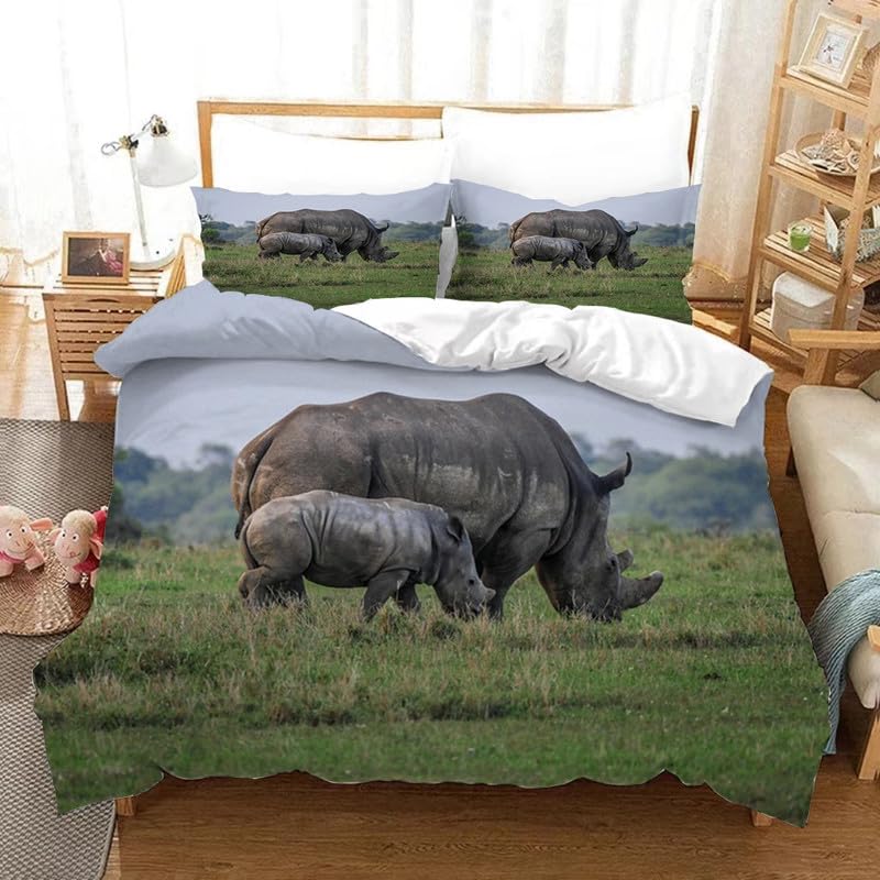 Housse de couette rhinocéros 90x190 en microfibre 110g/m² respirante sans repassage pour lit enfant