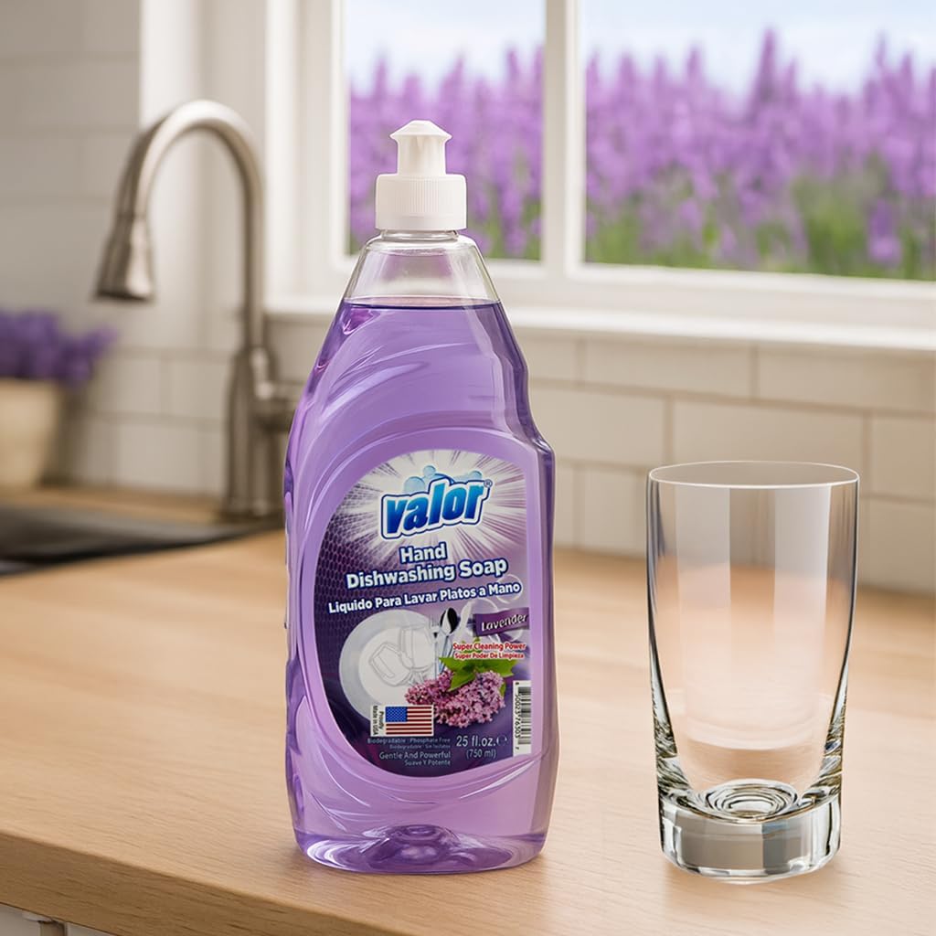 Valor Dishwashing Liquid, 25 fl oz – Dish Soap for Kitchen & Bathroom, Grease-Fighting, Gentle on Hands, Fast Rinse, Eco-Friendly Biodegradable Formula (25 fl oz (Pack of 12), Lavender)