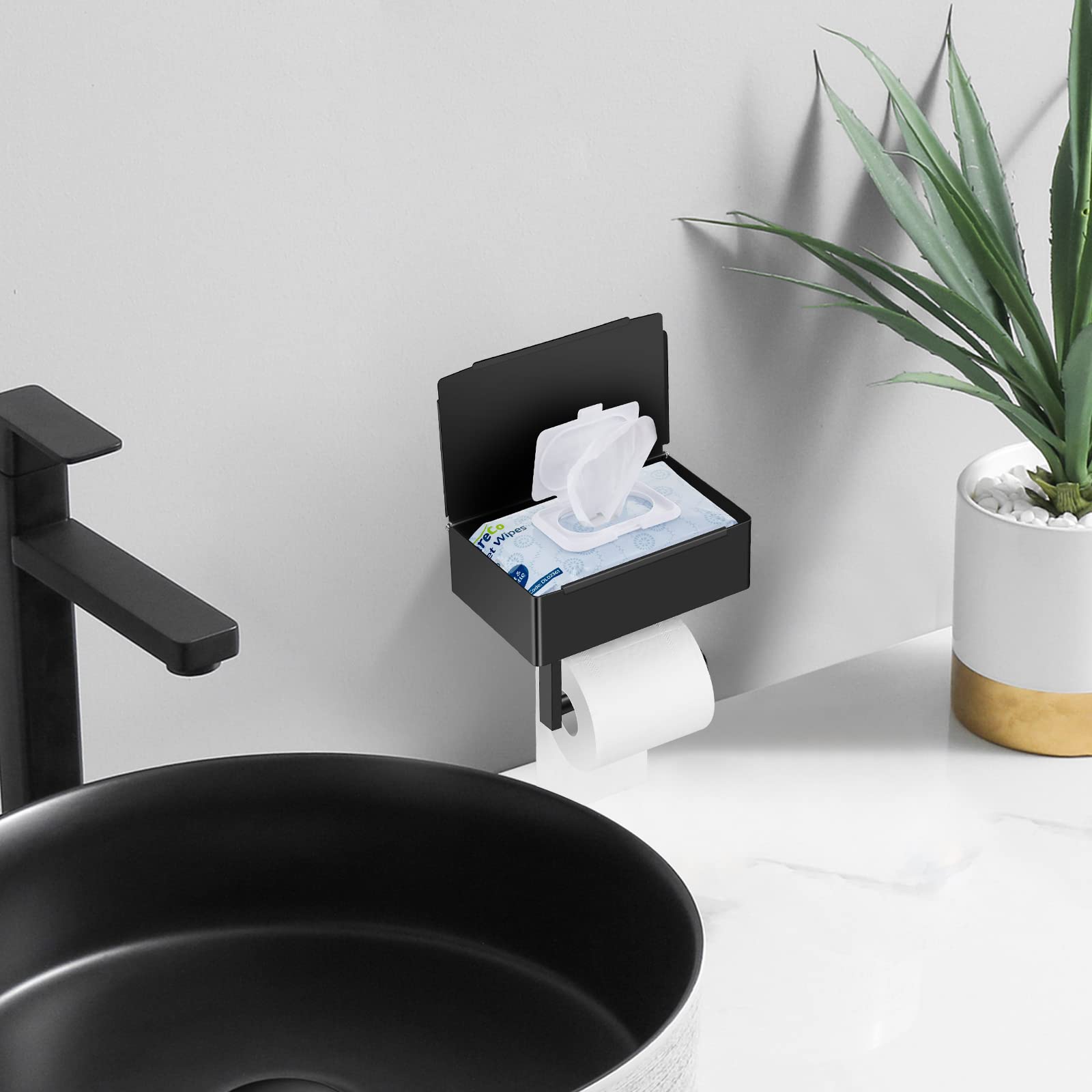 Toilettenpapierhalter Mit Ablage & Feuchttücherspender – Edelstahl, Schwarz | Selbstklebend Oder Zum Bohren