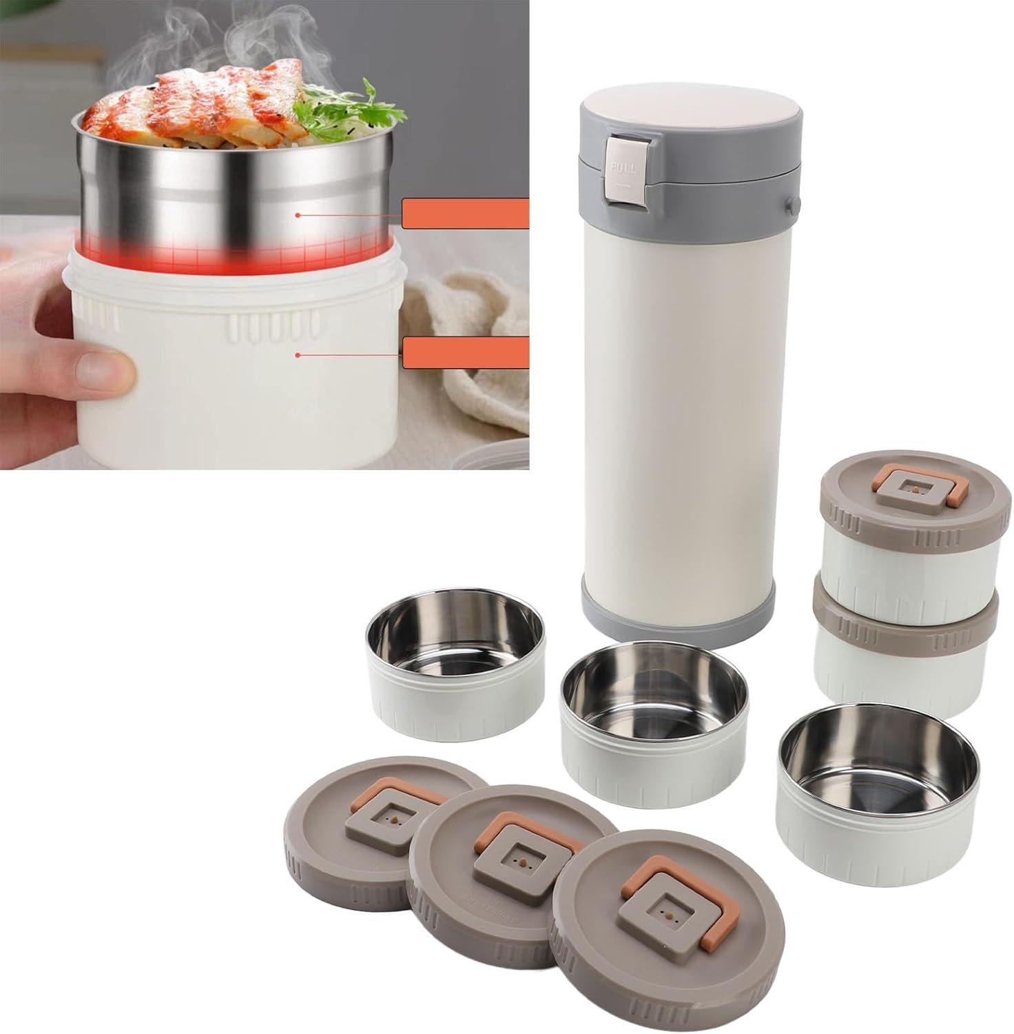 Fockety Portable Insulated Lunch Container, 3.4L Stainless Steel 5 Layer Stackable Insulated Lunch Box Leakproof Insulated Food Jar Lunch Box with Strap for Work, Freshness Locking