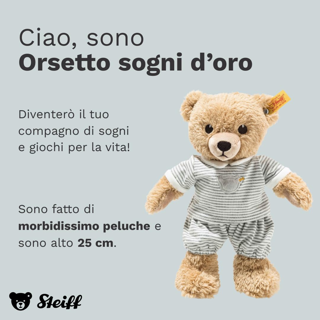 Steiff Peluche Orsetto Sogni d’oro, dolce animale di stoffa per bambini, bambine e neonati da 0 mesi, Friends, pupazzo di 25 cm, grigio chiaro, 239908