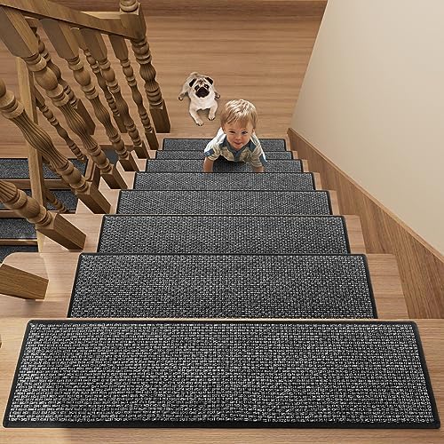 Stair Treads Carpet 4 pcs for Wooden Steps with Non Slip Rubber Backing, 100% Polyester Soft Stairs Resistant Indoor Skid Runner Safety Rugs for Kids Elders and Pets 30" * 8" (Dark Gray)