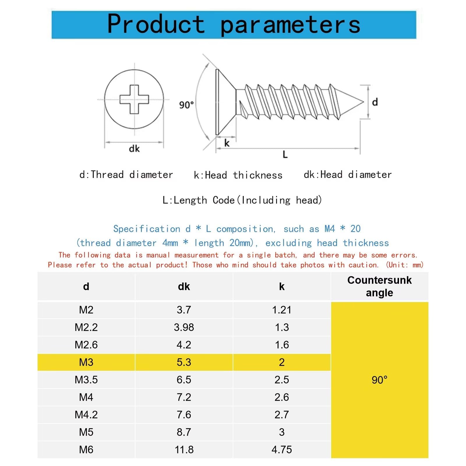 M3 x 14mm Flat Head Wood Self Tapping,Sheet Metal Screws,Phillips Drive Countersunk Wood Screws,304 Stainless Steel ?A2-70),GB846,Plain Finish?100 Pcs