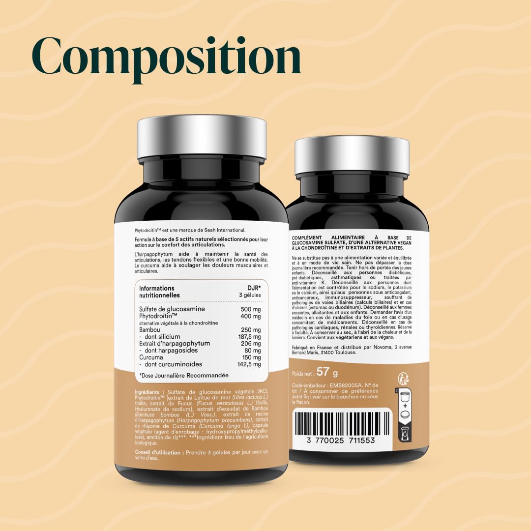 NOVOMA Formule Articulations, Glucosamine et Chondroïtine Végétales, Confort Articulaire, Muscles & Tendons, Avec Harpagophytum et Curcuma, Cure de 1 mois, 90 Gélules, Fabriqué en France