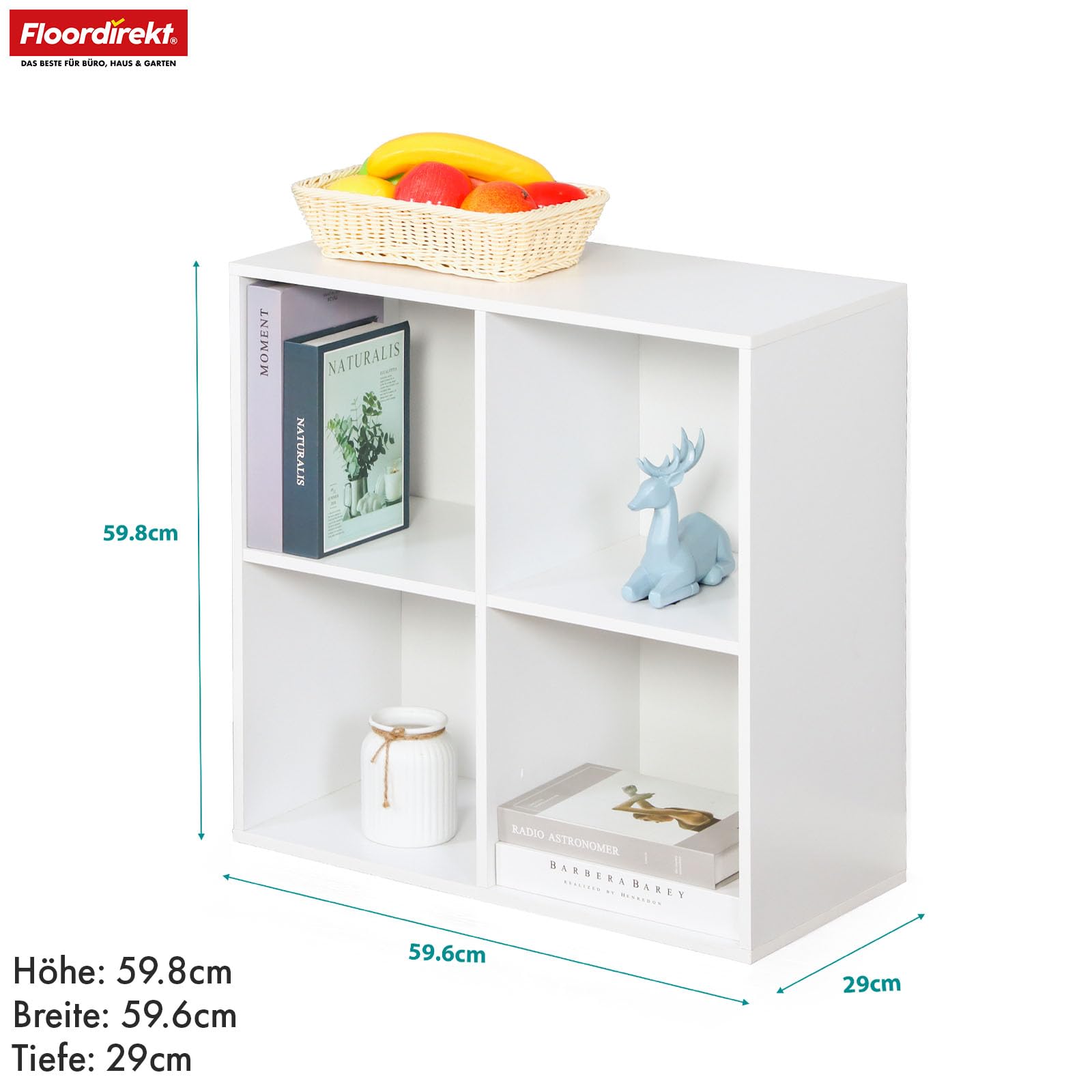Floordirekt Bibliothèque, étagère blanche avec 4 compartiments, 29 x 59,6 x 59,8 cm, cloison de séparation pour chambre d'enfant, salon, bureau et chambre à coucher (California)