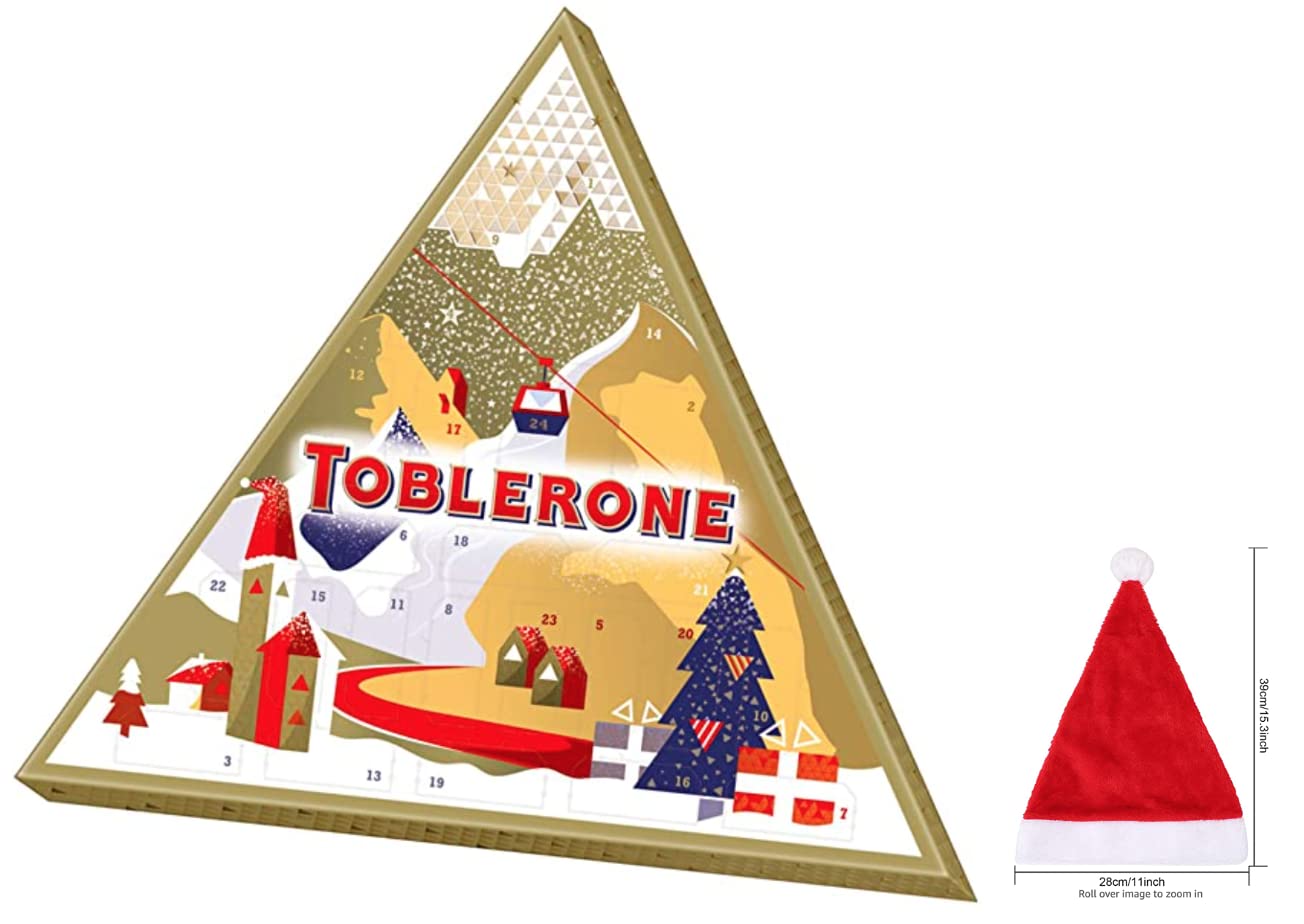Toblerone Calendario de Adviento de 200 g, surtido de chocolates suizos, viene con sombrero de Navidad.