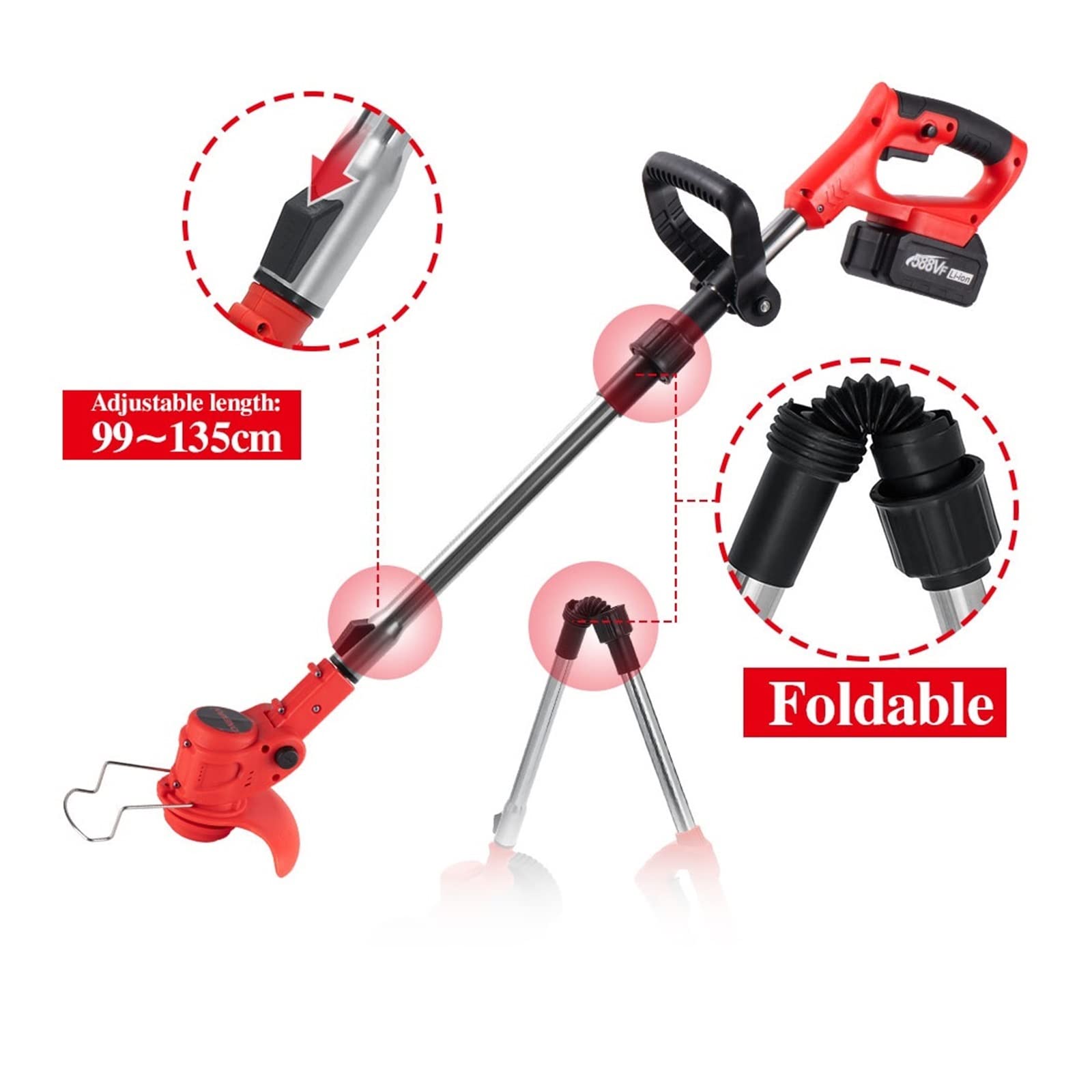 Cortacésped eléctrico de 2500W y 20000RPM, cortadora de césped Plegable, Herramientas eléctricas de Corte de poda de jardín Ajustables for batería de 18v(2 Battery Plug)