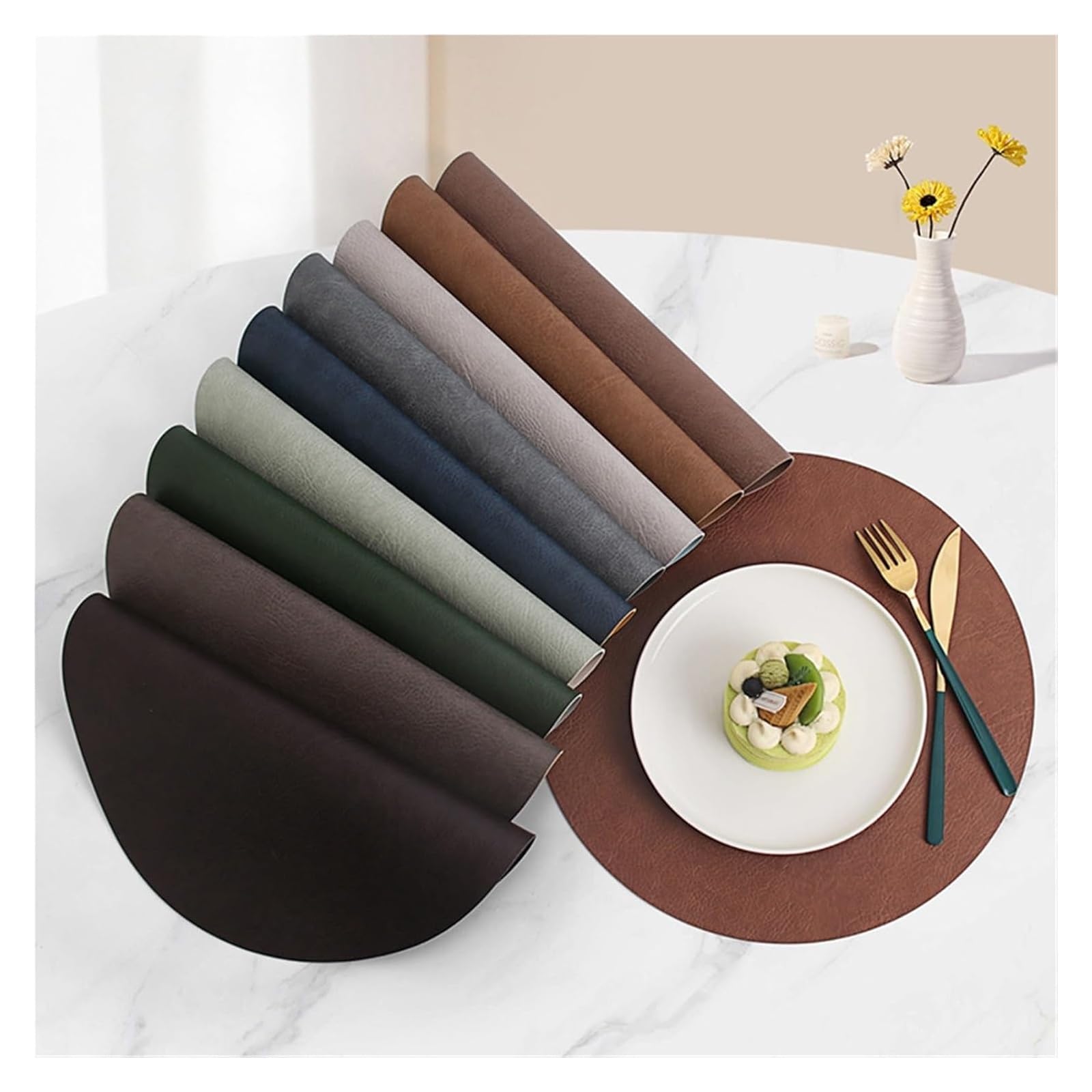 Round Faux Leather Placemats Set of 4/6, Waterproof Washable Heat Resistant Dining Table Place Mats(Black Brown,Set of 4)