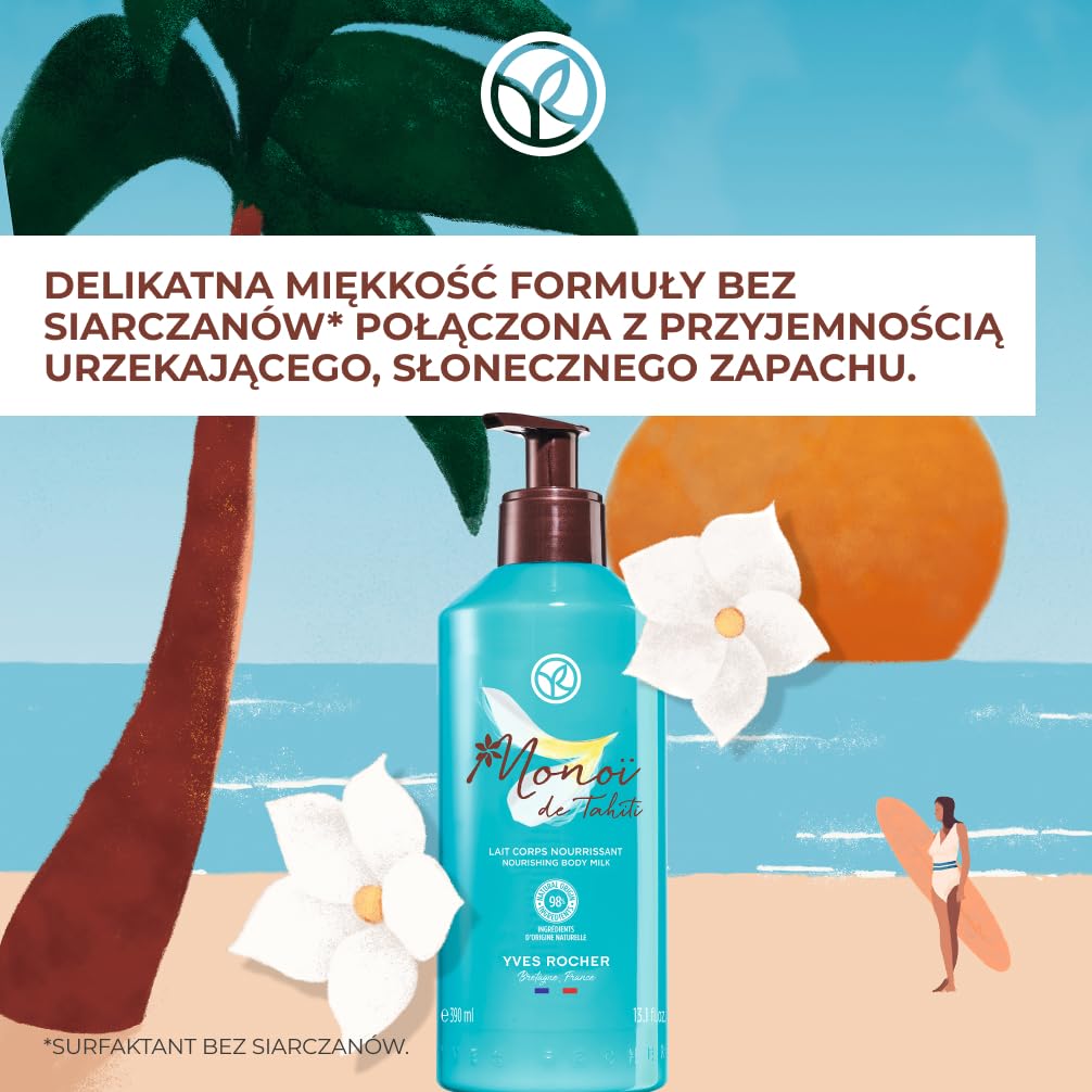 Yves Rocher Monoi Mleko do ciała nawilżający balsam 24 godziny 390ml | Intensywny Do wszystkich rodzajów skóry Nawilżenie na co dzień Egzotyczny zapach Szybkie wchłanianie - Naturalne składniki