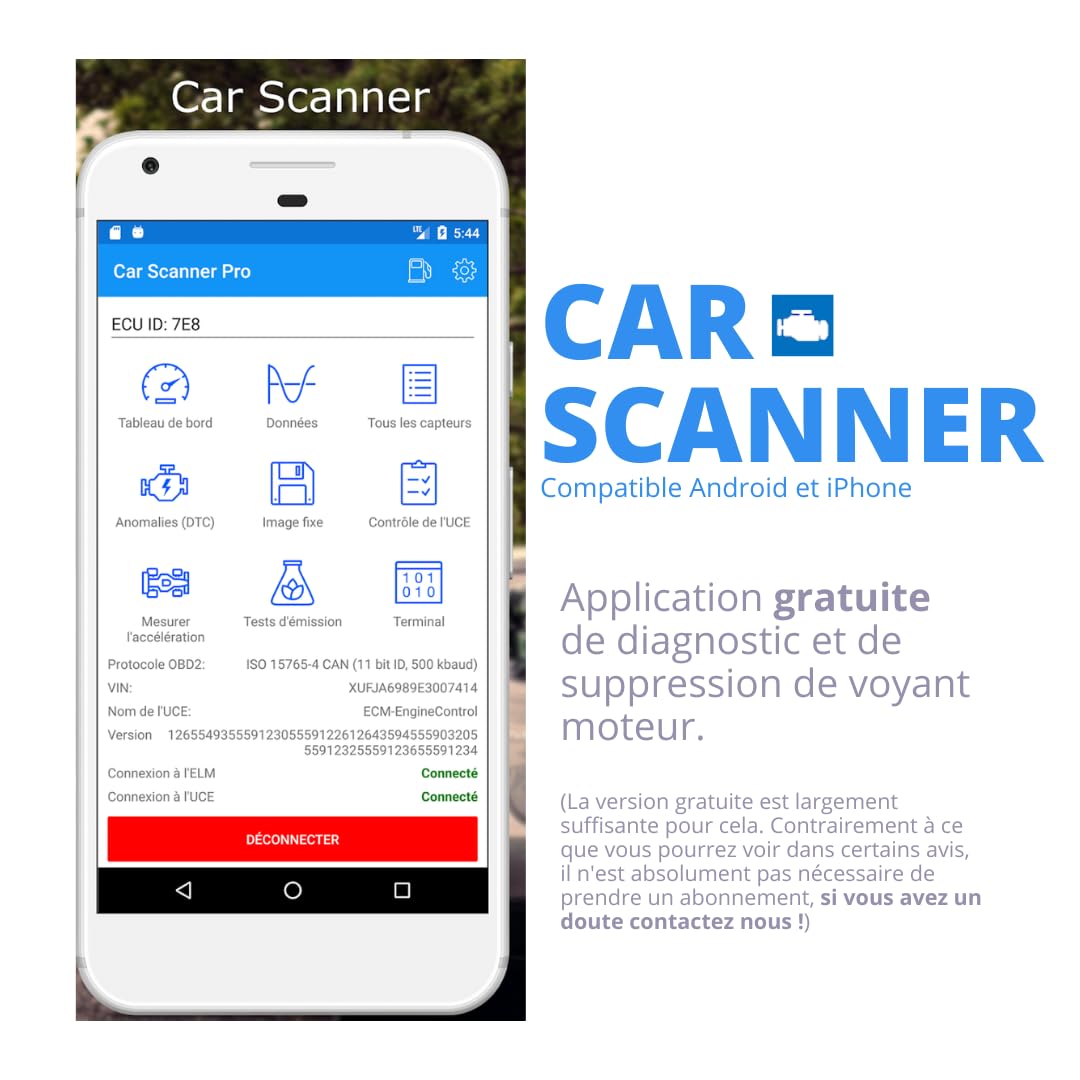 OBD2 Connexion Bluetooth + Support Francais 7/7J - Diagnostic des Codes Moteur en 3 Min ! Valise de Diagnostic Compatible avec la majorité des VÉHICULES - Vendeur Francais avec Support 7/7J 2026