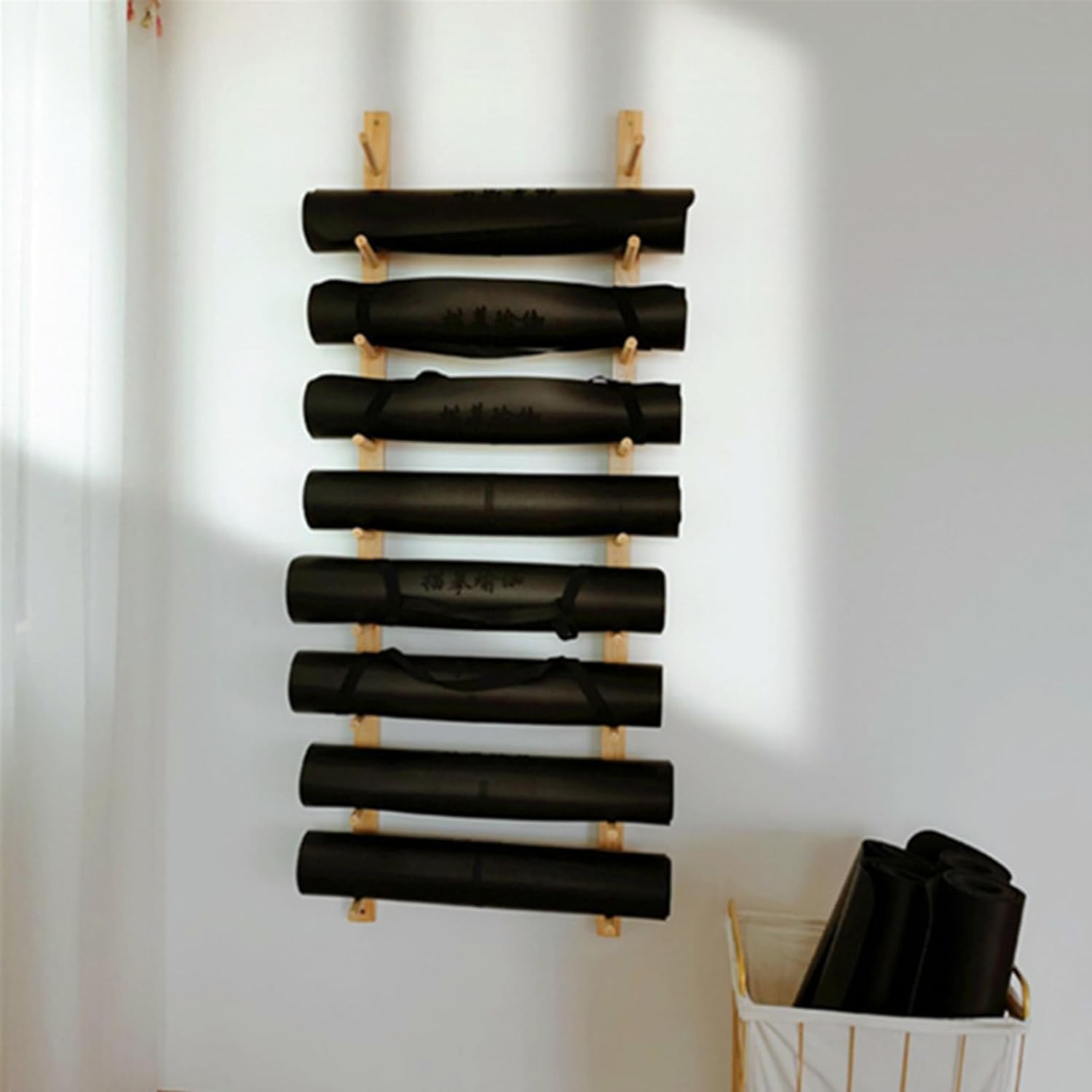 Soporte de pared para esterilla de yoga, organizador de madera para gimnasio en casa y oficina, solución de almacenamiento de fitness