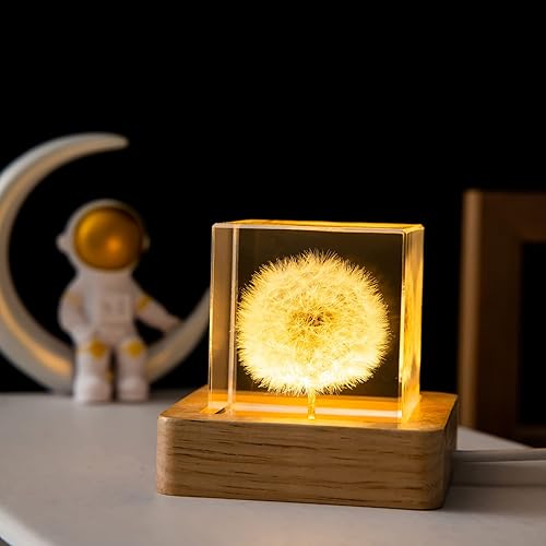 Miniatura 4 de MARZIUS Luz nocturna de cubo de cristal con decoración de diente de león preservada, perfecta para sala de estar, cubo súper transparente de 2