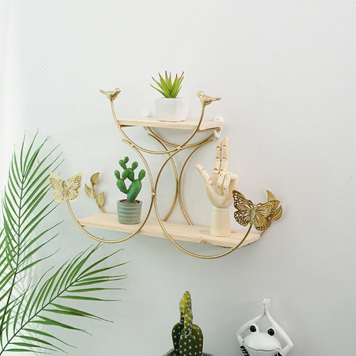 Nordic Wall Shelf Storage Rack in Golden Wood and Iron, Storage Solution for Facial and Small Potted Plants, for Home and Bedroom Decor Simple and Practical Design