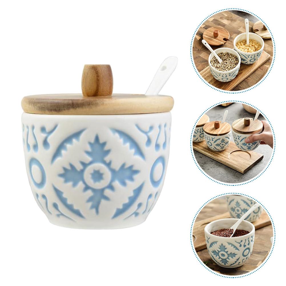 Cabilock 1 Lot de Pot à sel en céramique avec cuillère et Couvercle, récipient à épices, boîte à Sucre, Pot à sel, boîte en céramique pour la Cuisine, la Maison