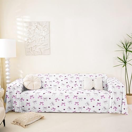 Vista 9 de Erosebridal Funda de sofá Kawaii de 71 x 102 pulgadas, con lazo de cinta, antideslizante, bonito color rosa, con lazo de princesa, protector de sofá