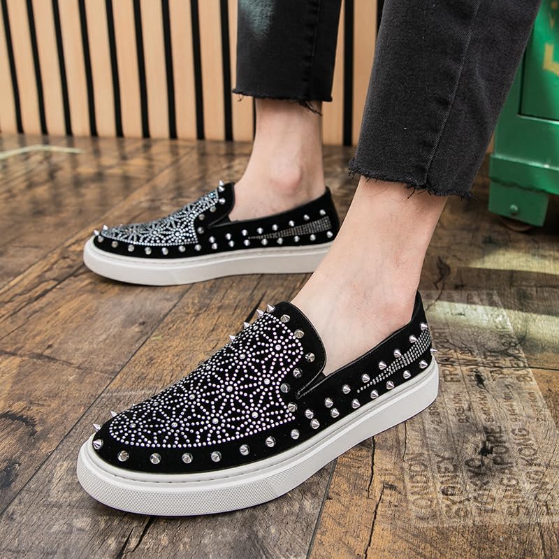 Luxury Men Tide Leather Casual Shoes Embroidery Twinkling Rhinestone Rivet Flat Shoes Leisure Sneakers Loafers4