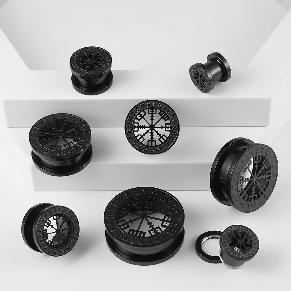 1 Pair Cute gauges with Norse Viking Rune Ear Tunnels Plugs 316 Stainless Steel Ear Gauges Weight Saddle Plugs Hypoallergenic expander Piercing Body Jewelry for women and men