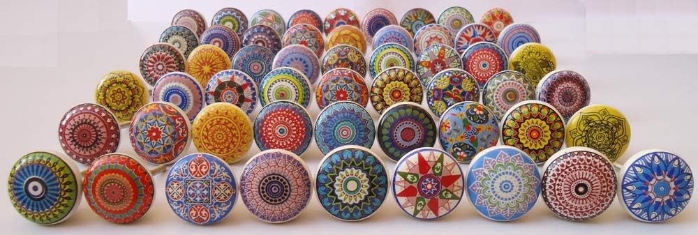 Zoya's Set of 10 Assorted Multicolor hand painted flat ceramic knobs cabinet drawer handles pulls