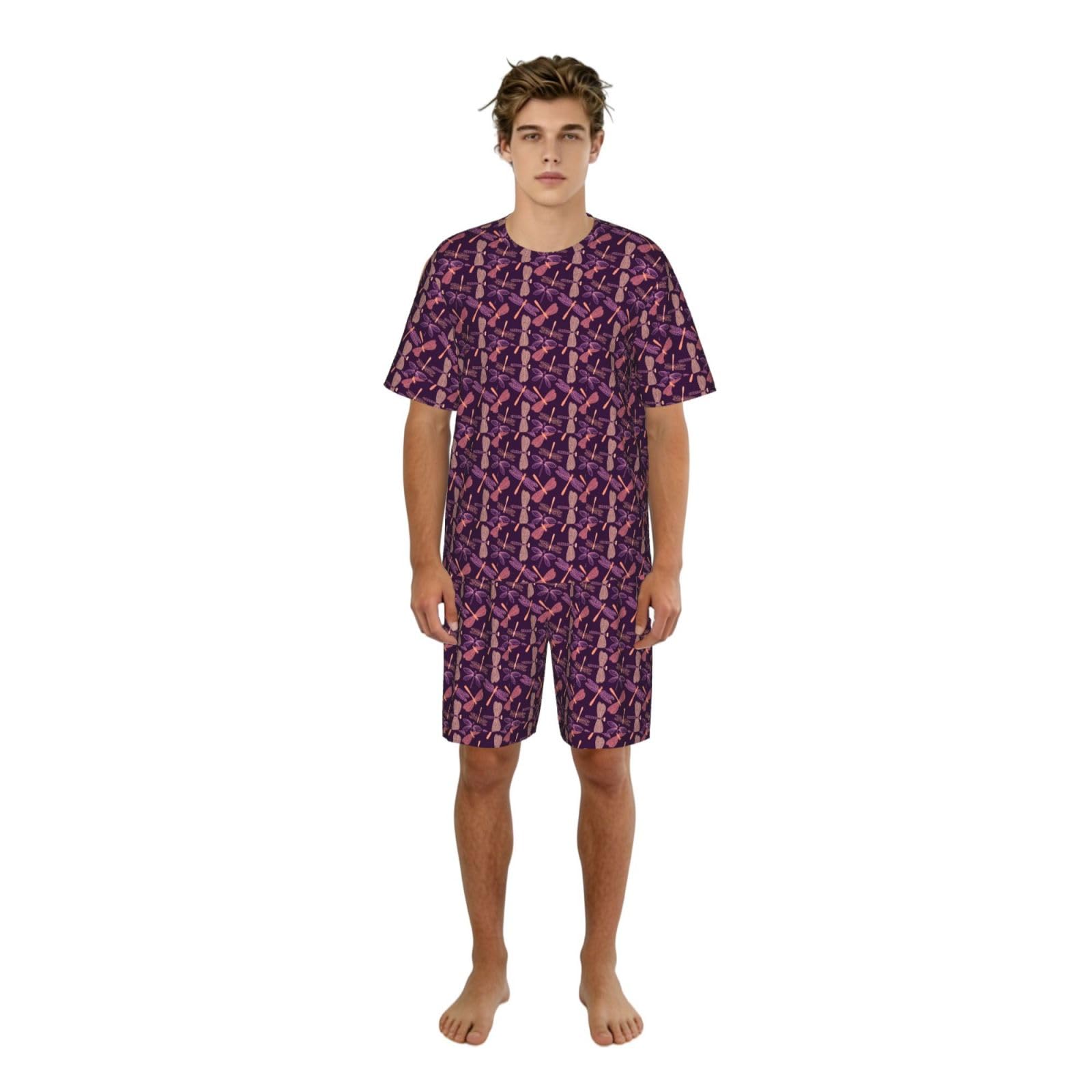 Viola Libellula Stampa Uomo Manica Corta Pigiama Set Pigiameria Leggero Traspirante Morbido Homewear 2 Pezzi