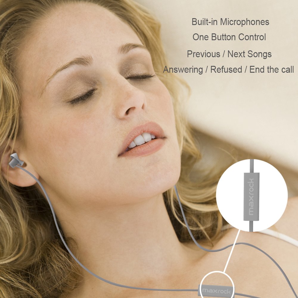 MAXROCK (TM - Auriculares de Silicona Suave para Dormir, con micrófono, para teléfonos móviles, tabletas y Conector Jack de 3,5 mm, Color Gris)