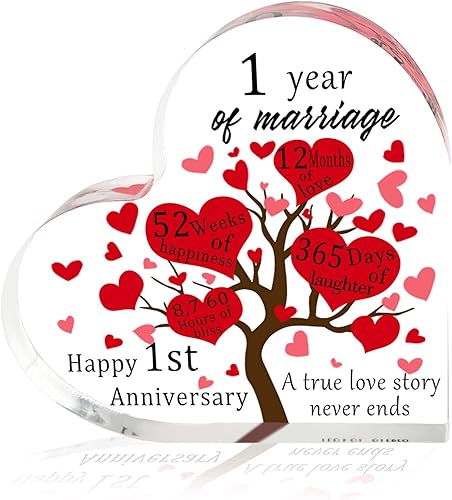Acrílico 1 año de matrimonio aniversario regalos para pareja, feliz primer aniversario, boda, corazón transparente, pisapapeles, regalos de Navidad,