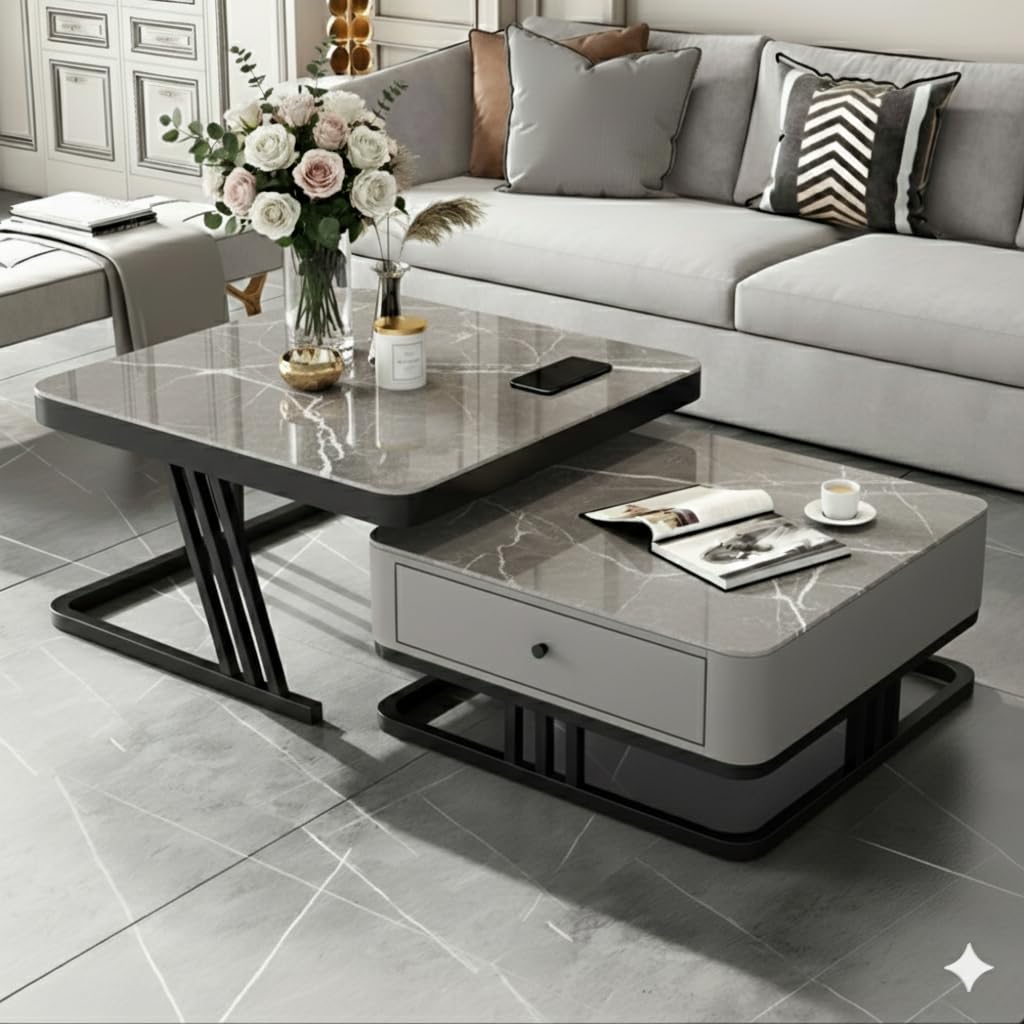 Shoppee Modern Marble Finish Coffee Table Set of 2 with Drawer & Metal Frame – Luxury Sofa Center Table for Living Room, Contemporary Nesting Cocktail Table with Storage (Black & Grey)-image-2