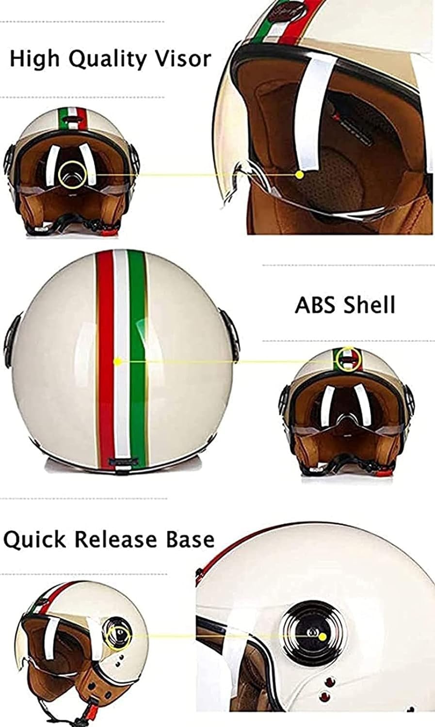 Jet-Helm mit Visier, Retro Pilot-Helm für Brillen-Träger, Roller-Helm für Frauen und Herren im Vintage-Look, Motorrad-Helm, Qualität nach ECE-Norm D,XL59-60CM