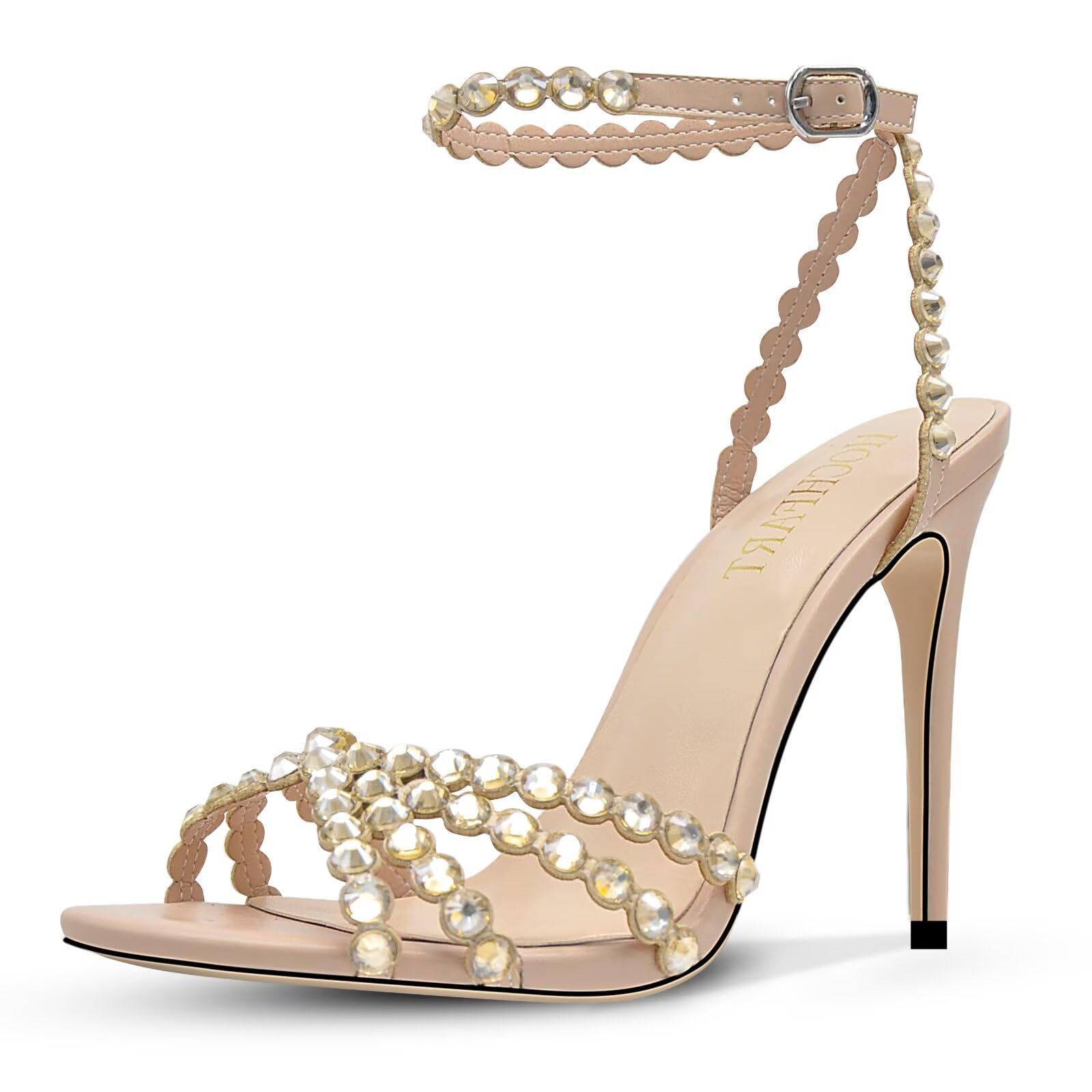 Photo 1 of HOCHFART Nude heels for Women Rhinestone Heels Nude Sandals Strappy Buckle Heels For Women Dressy For Formal Event Wedding Party Size 10