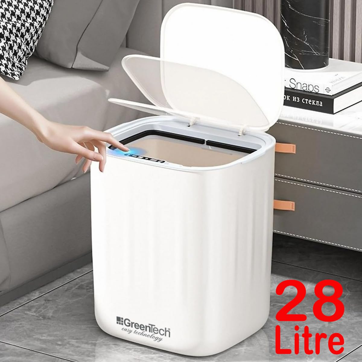 GreenTech Sensörlü Çöp Kovası Şarjlı Akıllı, Beyaz, 28 Litre, GT-SC07B
