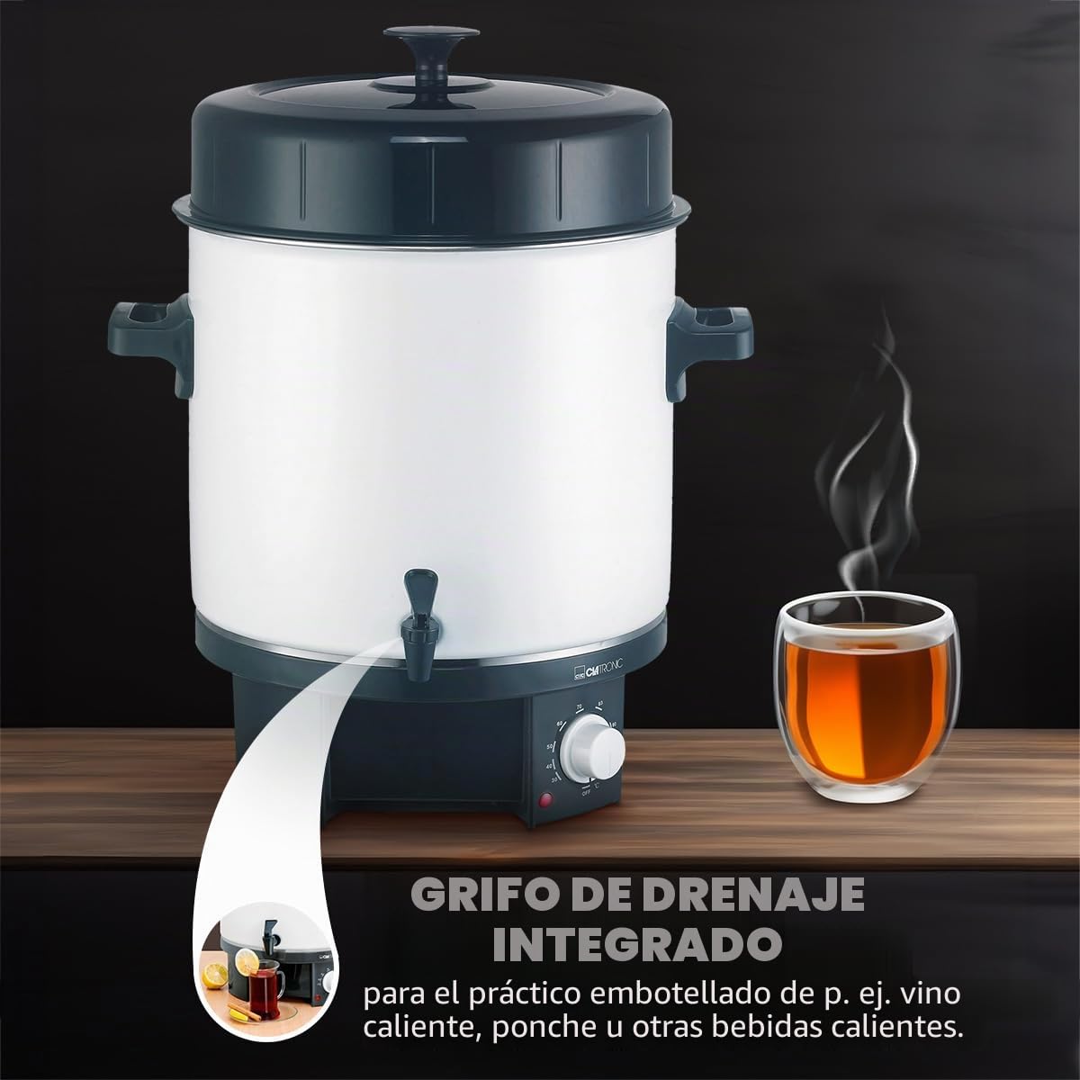 Máquina de cocción y bebidas calientes Clatronic® 2in1 con capacidad de depósito de 25L | para p. ej. vino caliente o ponche | Estufa de vino caliente con grifo de desagüe integrado | 1800W |EKA 3338