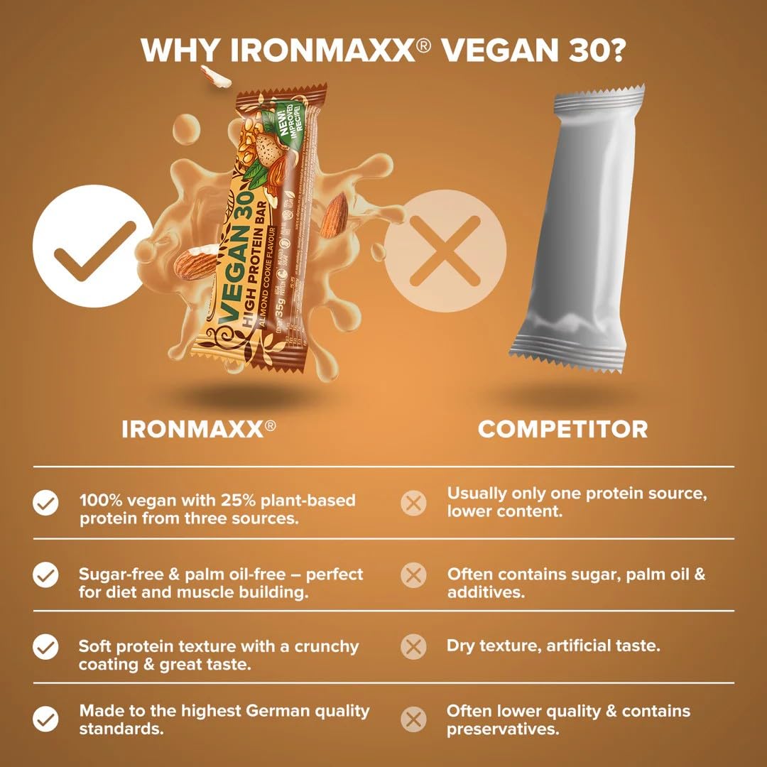IronMaxx – Barre Protéinée – Vegan 30 Biscuit aux Amandes 24 x 35 g – Barre protéinée sans sucre, protein bar vegan, snack protéiné