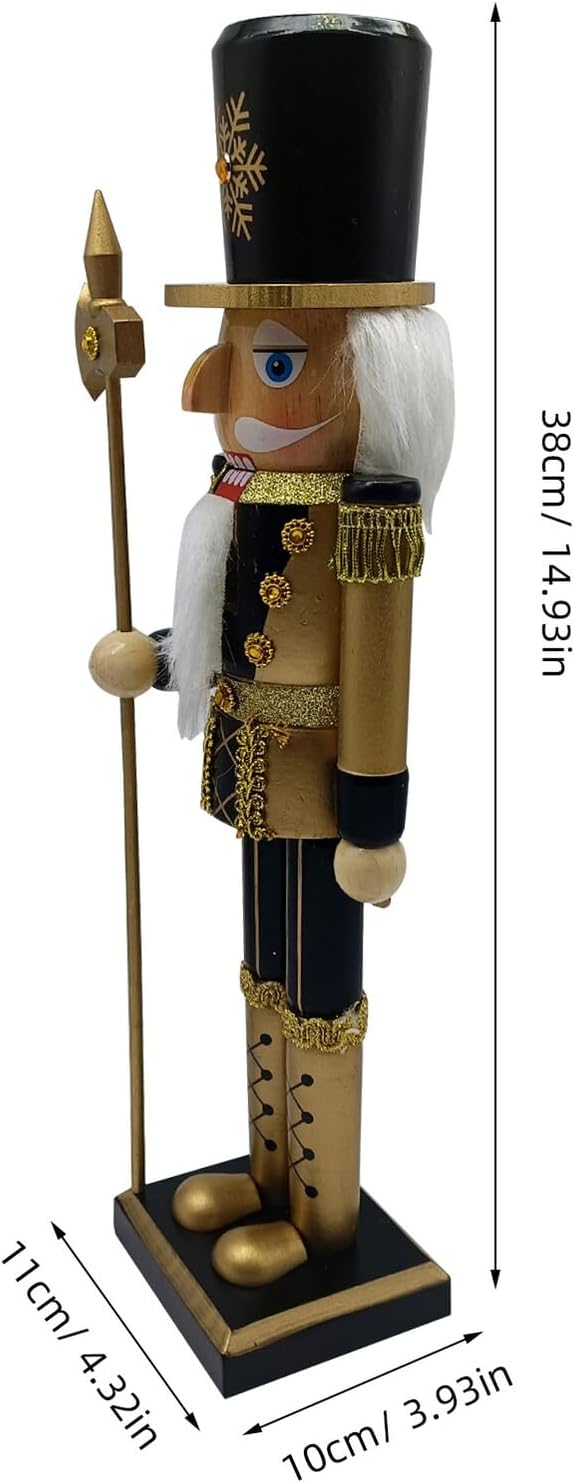 Traditional Black and Gold Wooden Nutcracker Soldier Figure, Christmas Nutcracker Ornament for Holiday Tabletop Décor and Festive Home Display