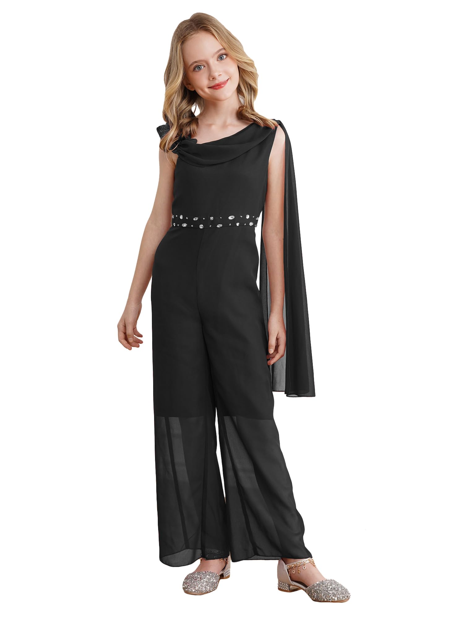 Alvivi Mono de Fiesta Elegante para Niña sin Manga Mono Ceremonia de Gasa con Cintura Perdería Brillante Pantalones de Recto Informal 5-16 Años