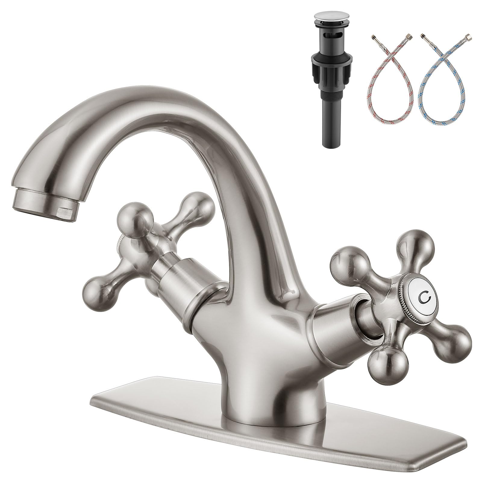 Aolemi Brushed Nickel Bathroom Vessel Sink Faucet Double Cross Handle Two Knobs Mixer Basin Tap Hot and Cold Water for Vanity Single Hole Pop Up Drain with Overflow Included