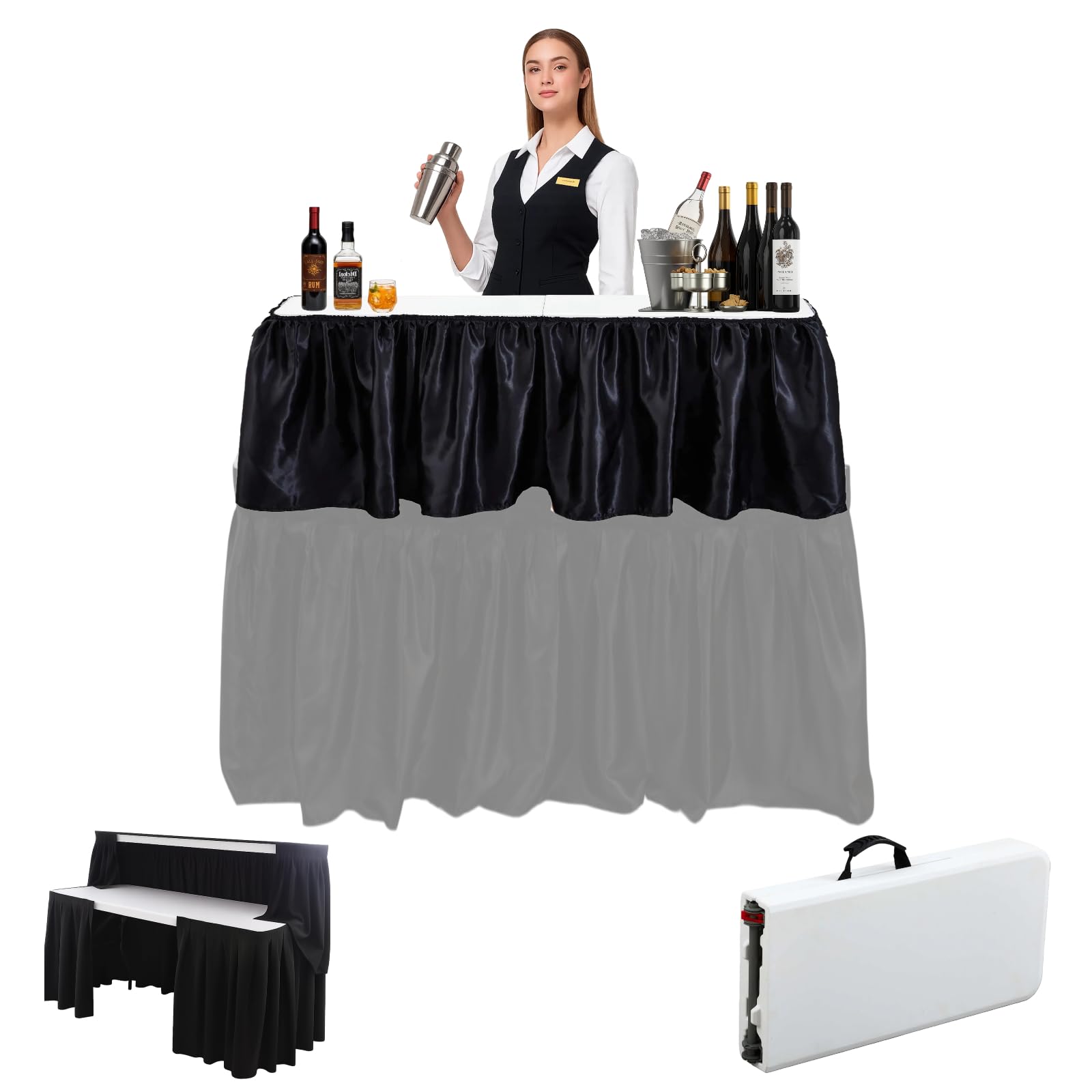 Photo 1 of Vercraft Portable Bar Top Riser Tables Folding Bar Riser Mobile Table Foldable Portable Risers with Skirt for Events Wedding Banquet Home Party Picnics (Table Not Included)(Black Skirt,4 ft,White)