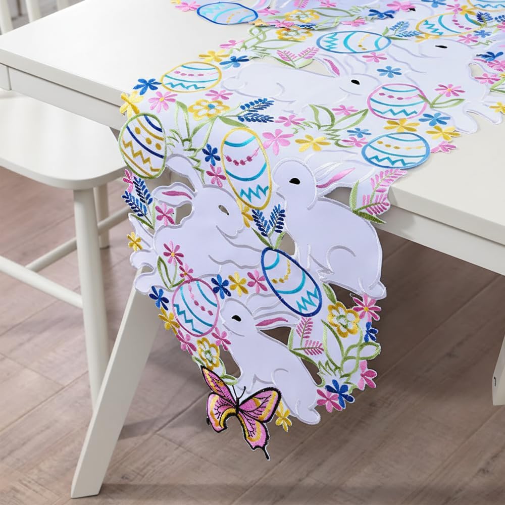 Easter Table Runner Easter Tablecloth with Embroidered Rabbits Butterflies and Flowers Washable Spring Dining Table Decoration for Spring Festival Indoors Holiday Party Decor