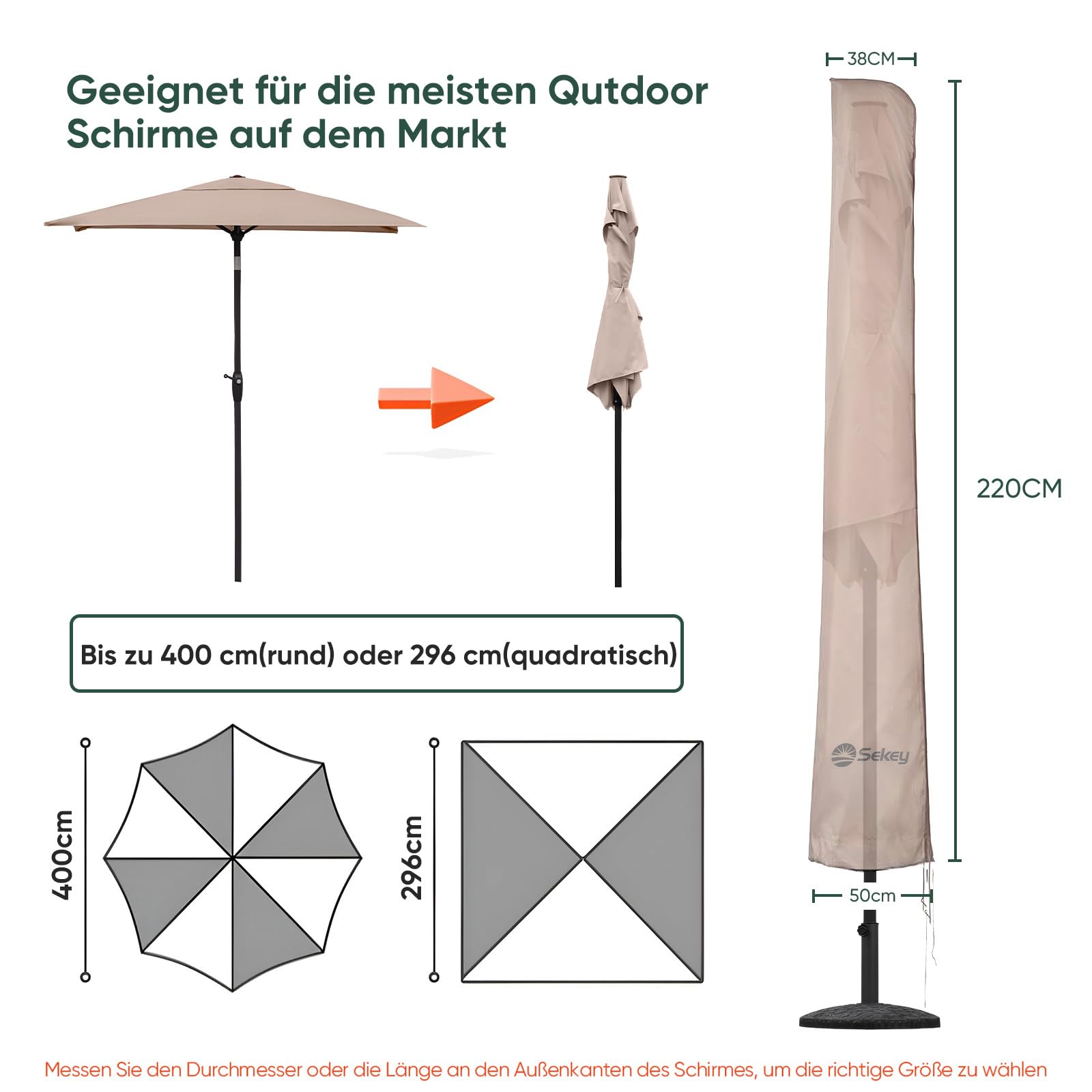 Sekey Sonnenschirm Schutzhülle mit Stab, Abdeckhauben für Ø 400cm / 240x330cm Gartenschirm, 220×30/50 cm Abdeckung für Marktschirm, 100% Polyster wasserdicht