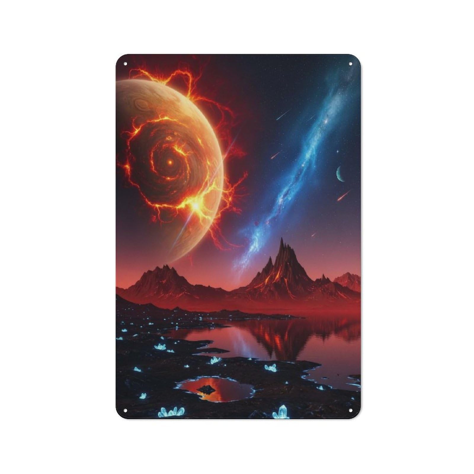 Junmoney Style-19 Fiery Planet Landscape With Nebula Workshop Style Metal Wall Decor 30X20cm, Decorative Metal Plaque For Garage, Hobby Room, Office Or Man Cave