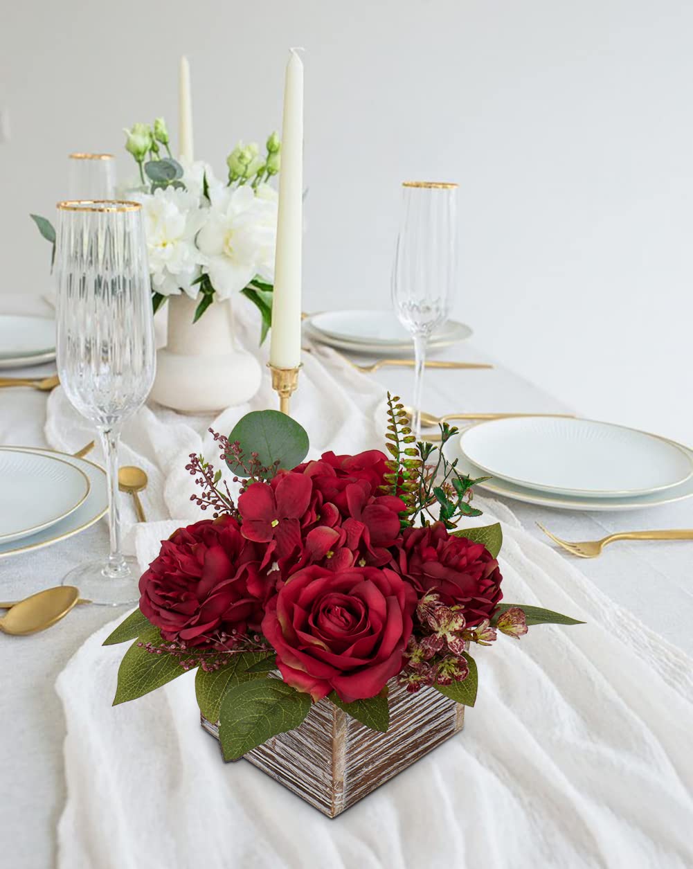 Hortensia Kunstbloemen in houten vaas, kunstbloemen in pot, kunstpotbloemen, rozen, pioenrozen, hortensia, tafelopzetstukken voor tafeldecoratie, woonkamer, binnen, thuis, badkamer