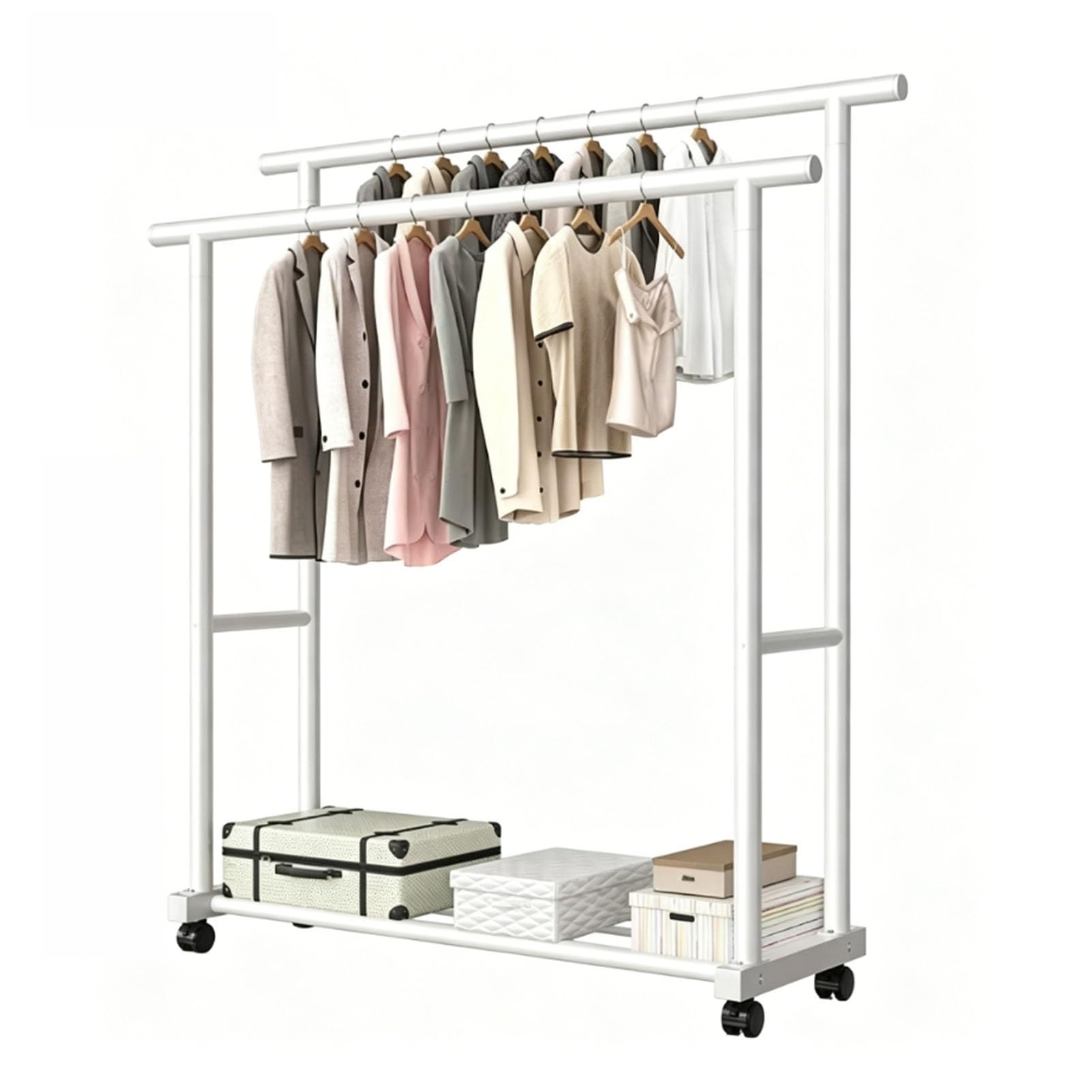 YAOHY Clothes Rack, Portable Garment Rack with Wheels, Metal Clothes Hanger with Wheels Portable Wardrobe Organizer Garment Rod for Hanging Clothes(White,39x60in/100x152cm)