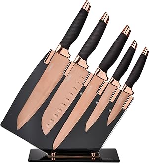 Kitchen Knife Set with Acrylic Knife Block, Damascus Effect, Stainless Steel Blades, Rose Gold and Black, 5 Pieces