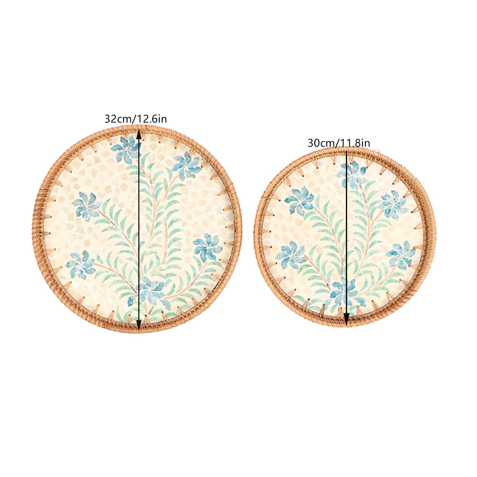 2 Piezas Bandeja Redonda para Aperitivos Tejida a Mano en Ratan, Estilo Artesanal Tradicional, Bandeja Decorativa Ecológica para Frutas y Snacks, Diámetro 30 cm y 35 cm (Patrón de cymbidium)