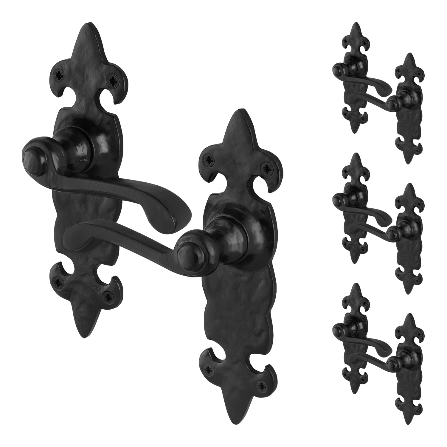 EAI Black Door Handles, 4 Pairs on Backplate - Fleur De LYS