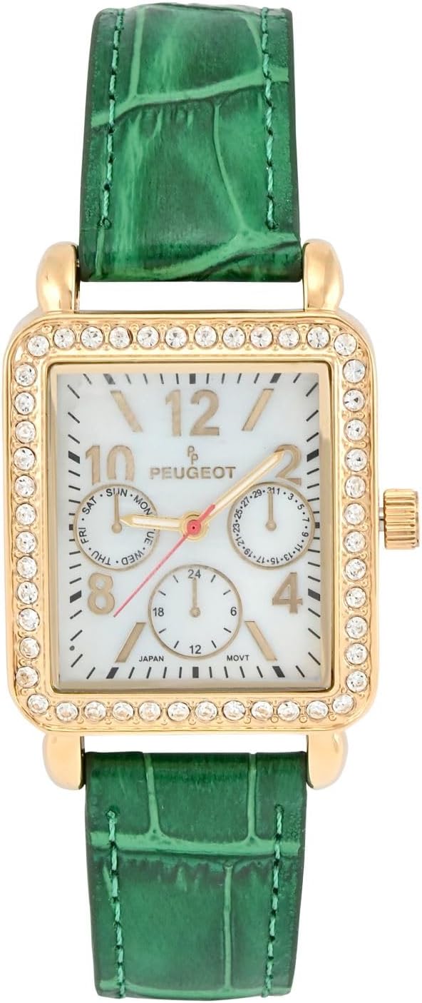 PEUGEOT Women Fashion 14K Gold Plated Tank Shape Dress Watch with Crystal Bezel