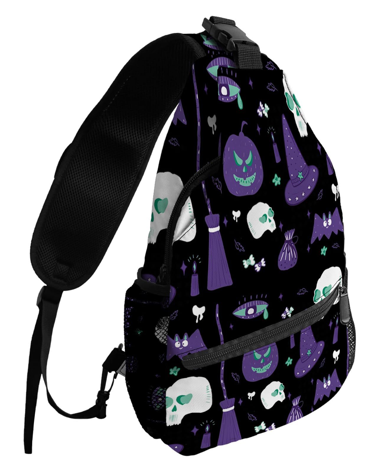 Sling Backpack, Hallowmas Pumpkin Wizard Hat Skull Black Texture Waterproof Lightweight Small Sling Bag, Travel Chest Bag Crossbody Shoulder Bag Hiking Daypack for Women Men