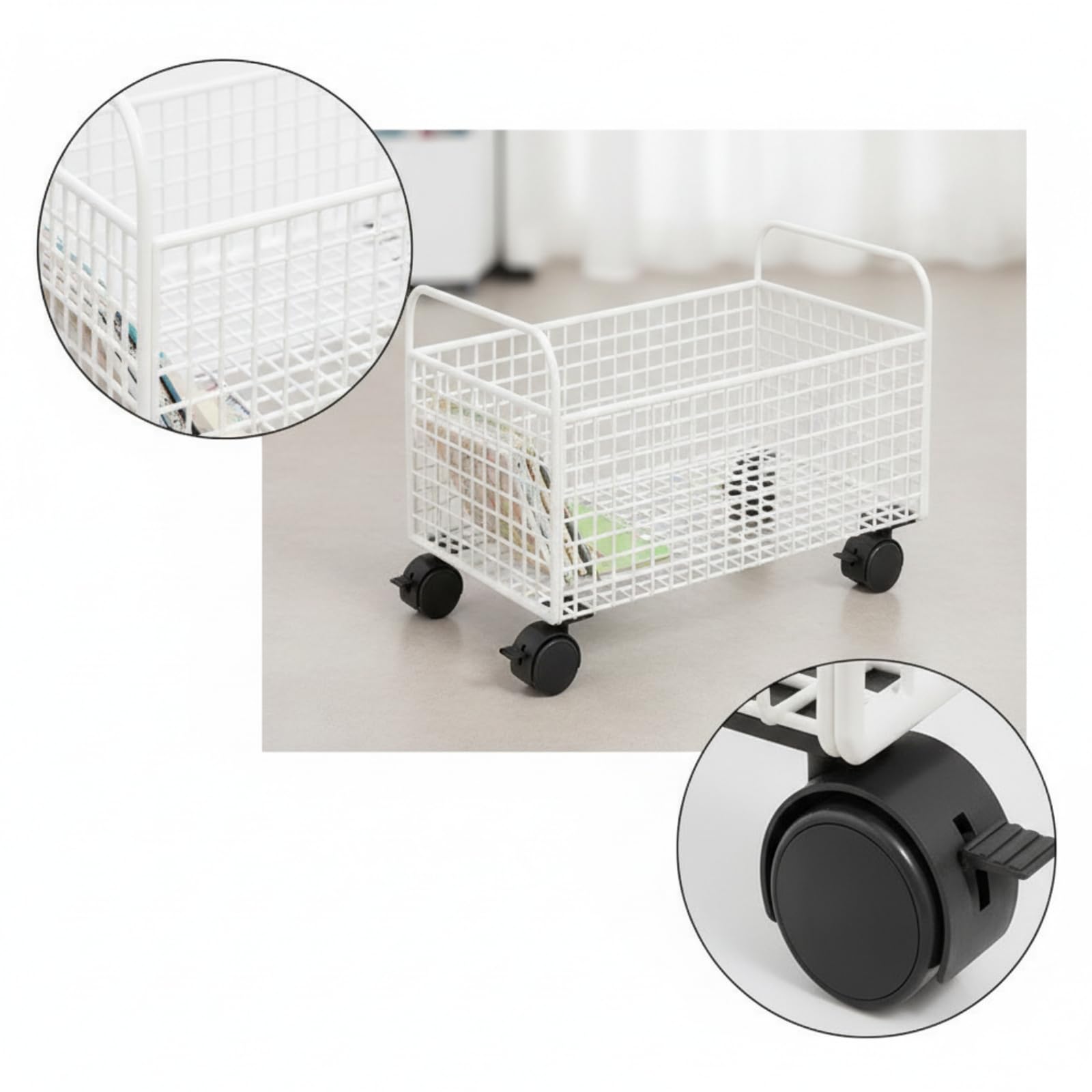 Contenitore Libri con Ruote Carrello Libreria Carrello Portaoggetti Cestino Metallico in Struttura Aperta E Maniglie Ergonomiche Ruote Rimovibili, Bianco, Grande Con Ruote