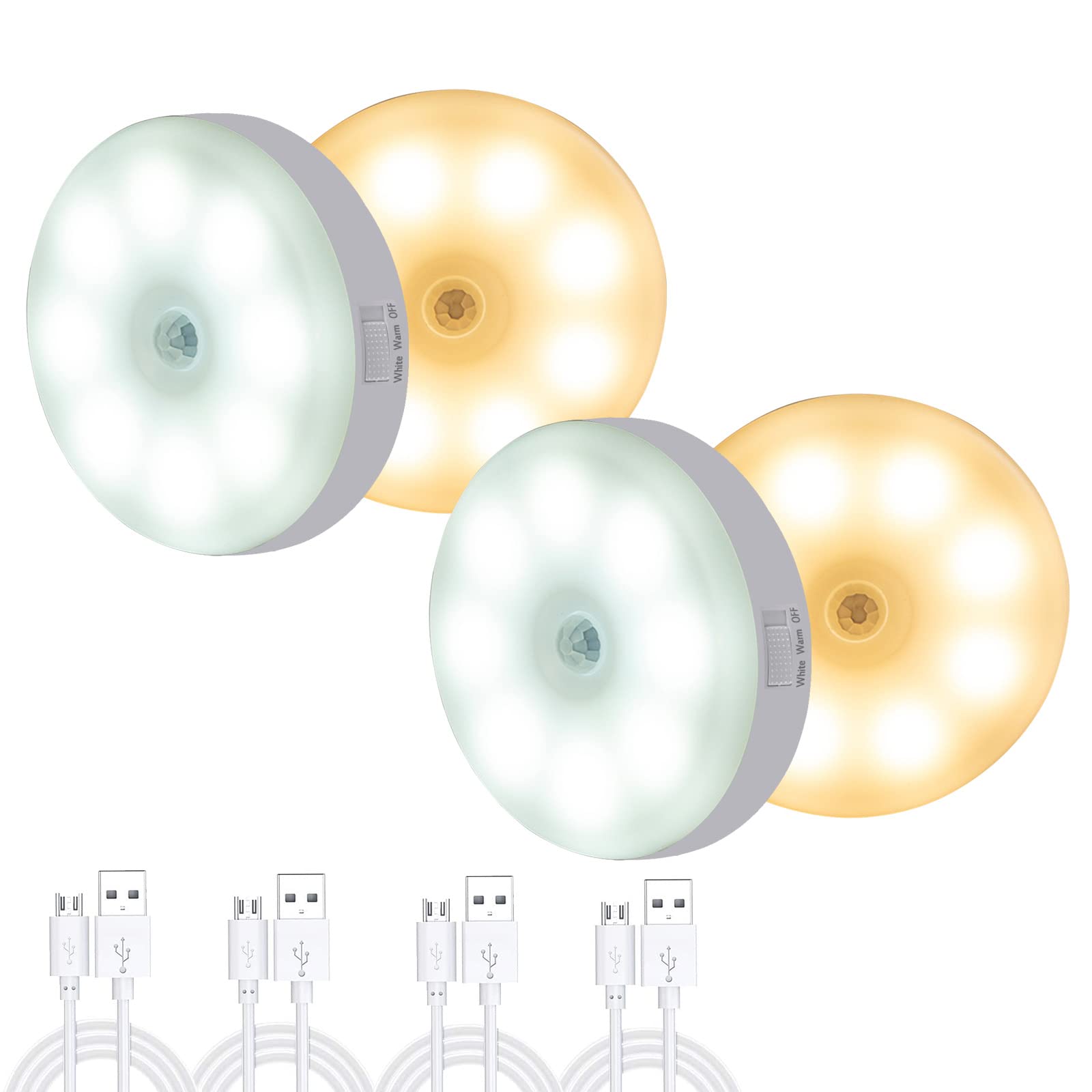 tannacLED Motion Sensor Night Light,4 Pack USB Rechargeable Smart Lights Indoors,Adjustable Brightness Warm&White Night Lighting for Baby/Kids/Children Room,Stairs,Hallway,Kitchen, Bedroom,Cabinets