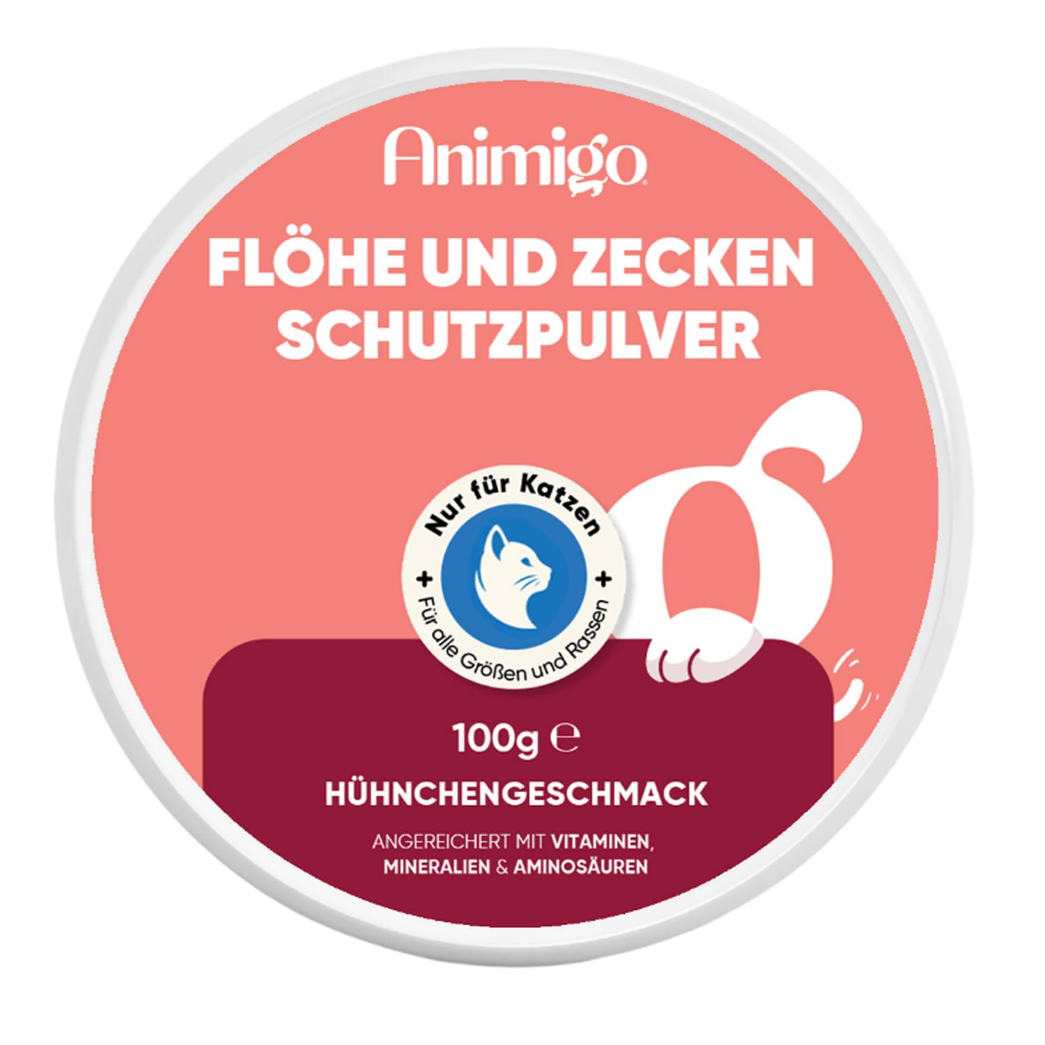 animigo Flohpulver - Zeckenschutz für Katzen - 100 g Pulver - Mit zusätzlichen Vitaminen, Mineralien & Aminosäuren wie Bierhefe, Zink, Vitamin B3, B1 & B2 - Hühngeschmack - Flohmittel Katzen